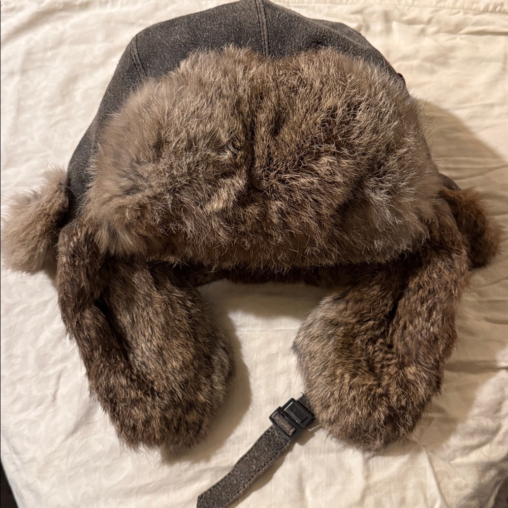 Vintage Crown Cap Rabbit Fur Trimmed Leather Aviator hat. Size M.